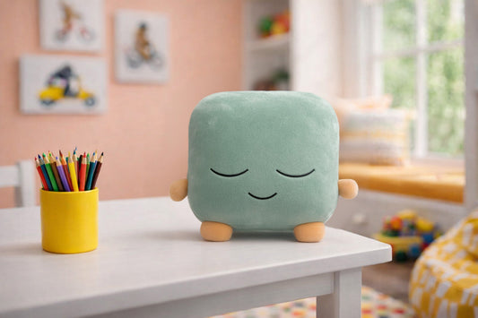 One Quiet Mind plush pillow on a desk beside colored pencils in a bright playroom.
