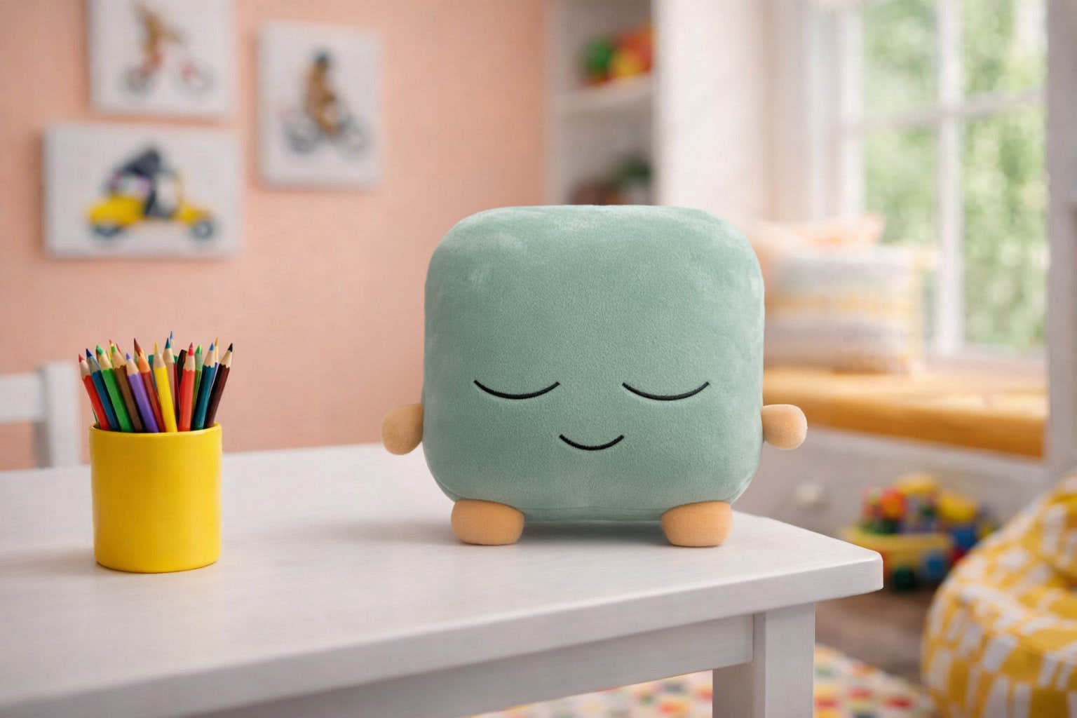 One Quiet Mind plush pillow on a desk beside colored pencils in a bright playroom.