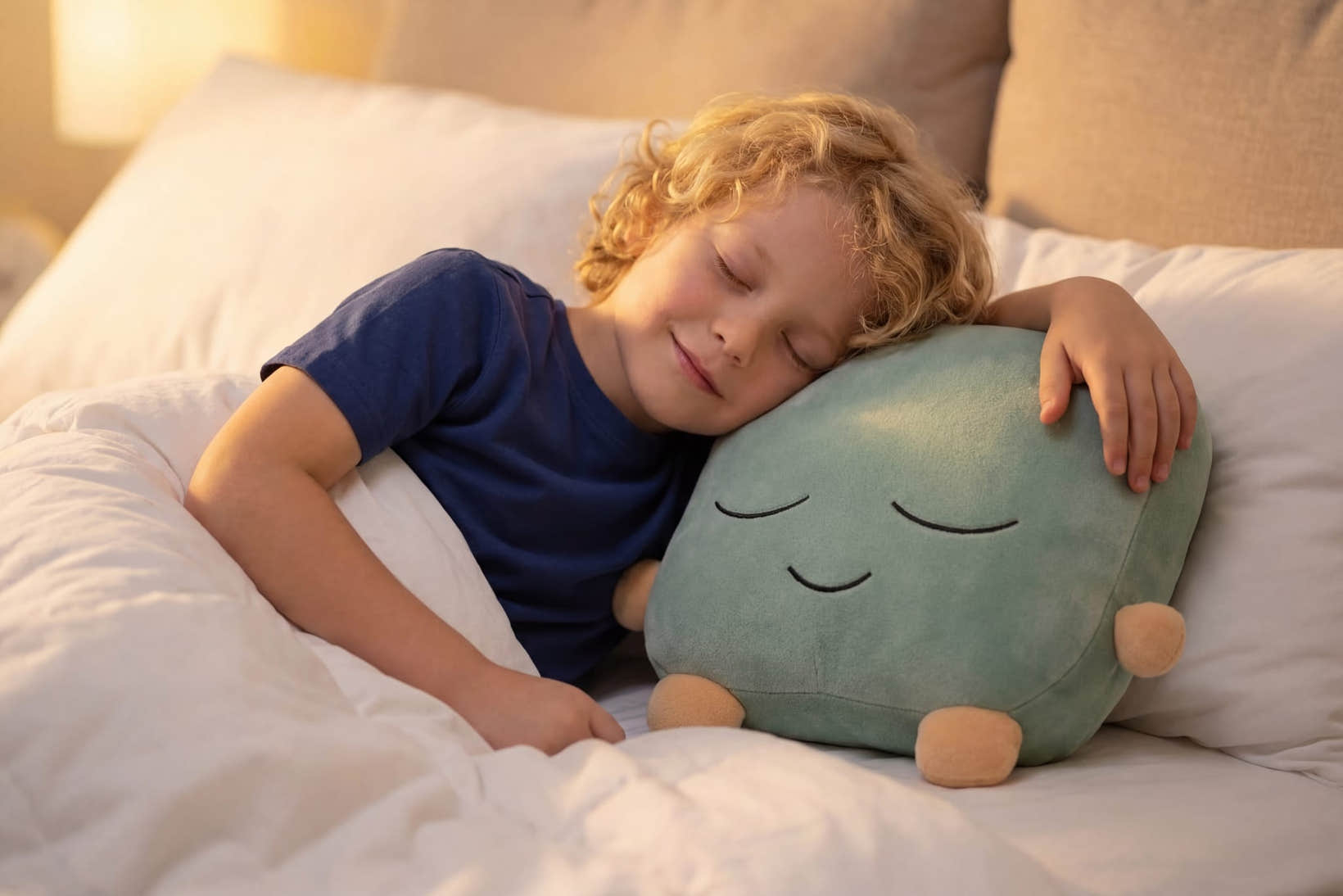 One Quiet Mind weighted plush tucked beside a child during a peaceful bedtime moment.