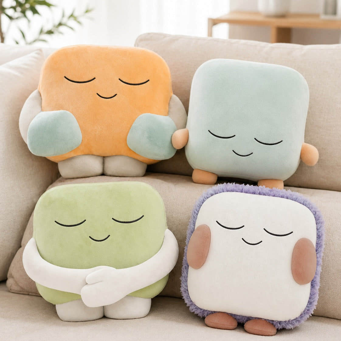 One Quiet Mind Lil’ Hugsters weighted plush animals grouped together on a cozy couch.