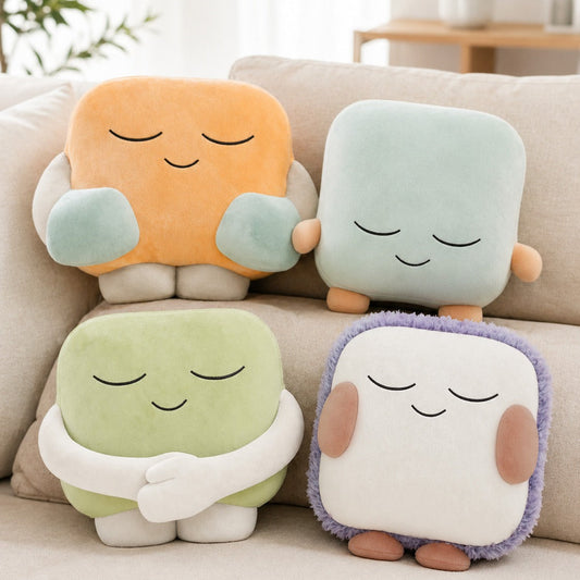One Quiet Mind Lil’ Hugsters weighted plush animals grouped together on a cozy couch.
