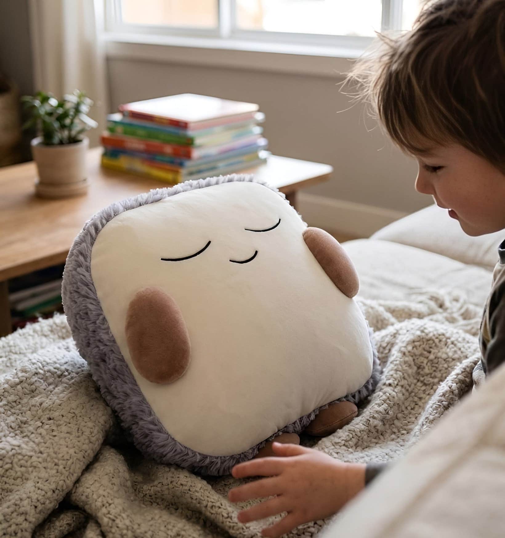 One Quiet Mind weighted plush resting beside a child during a cozy bedtime routine.